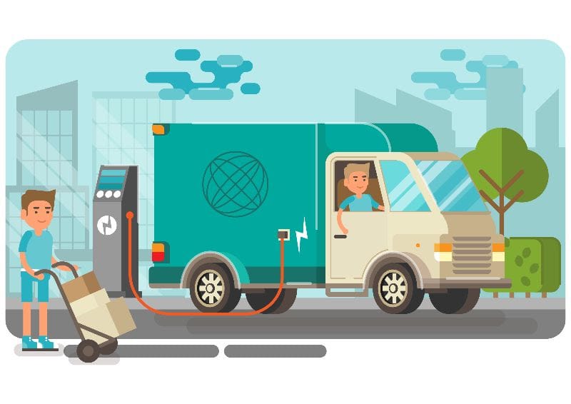 illustration of two people charging an electric truck