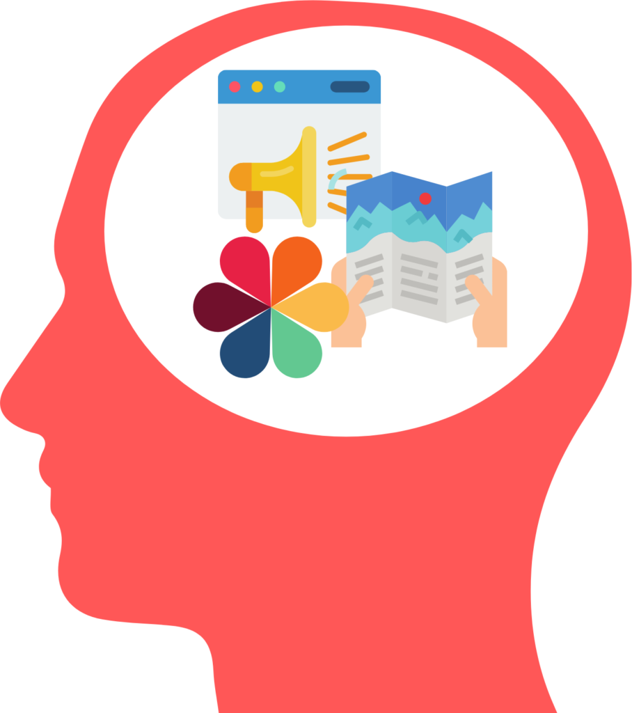 graphic of a person's head with icons representing infographics, digital ads, and brochures inside