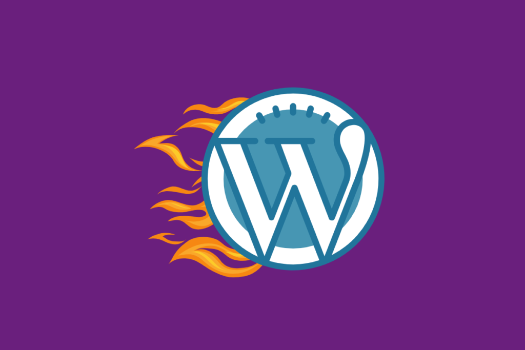 wordpress logo with flames coming from the left over a purple background